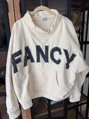 FANCY Mock Neck pullover sweatshirt plaid patch varsity letters fleece parke